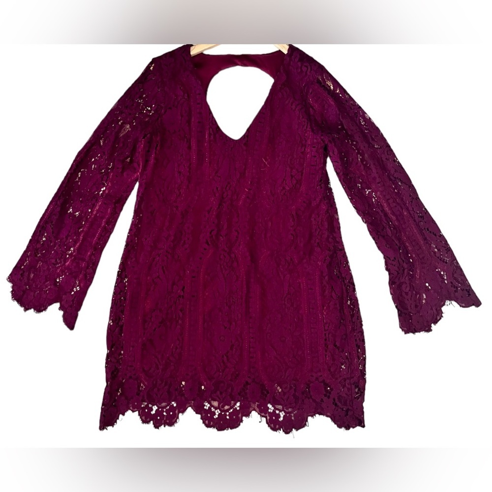 Francesca’s Miami Womens Bell Sleeve Lace Mini Dress in Deep Burgundy Sz XS